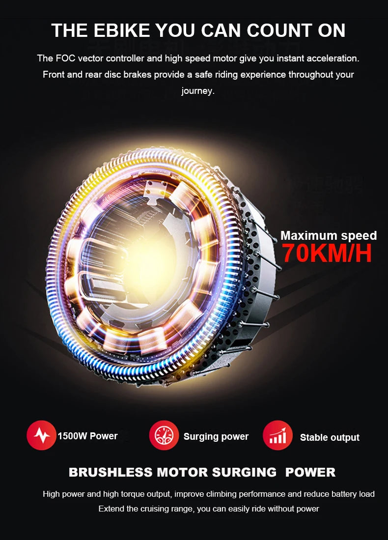 Custom 26inch Fat Snow tire ebike 1500W 48V 70ah  Large capacity  Li-ion battery electric long-distance cycling bicycle