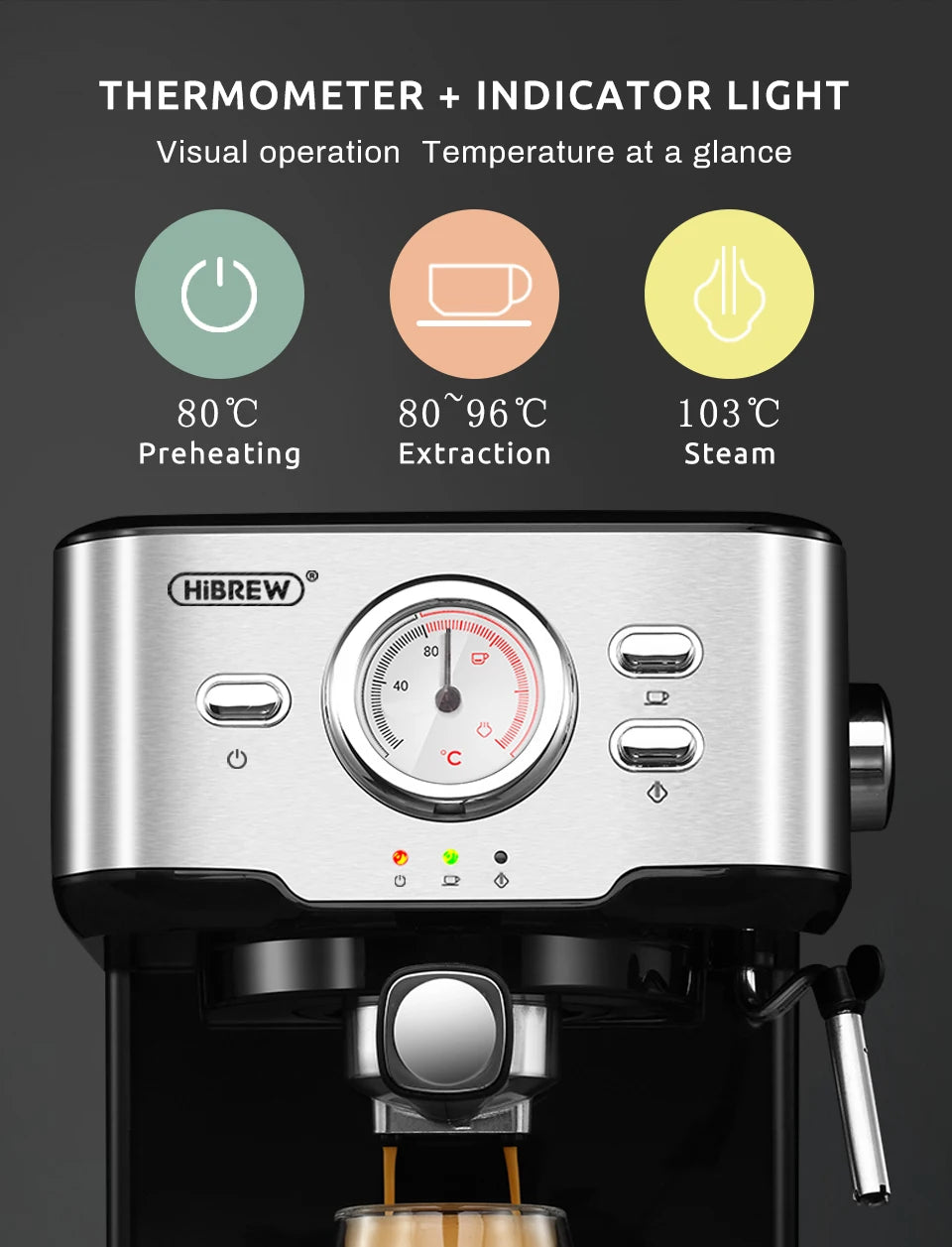 HiBREW Coffee Machine Cafetera 20 Bar Espresso inox Semi Automatic Expresso Cappuccino Hot Water Steam Temperature Display H5