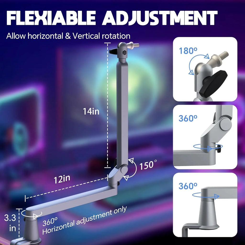 Prizmora AS17  Professional Aluminum Low Profile Heavy Duty Mic Arm Microphone Boom Arm Stand for Podcasting Gaming Streaming