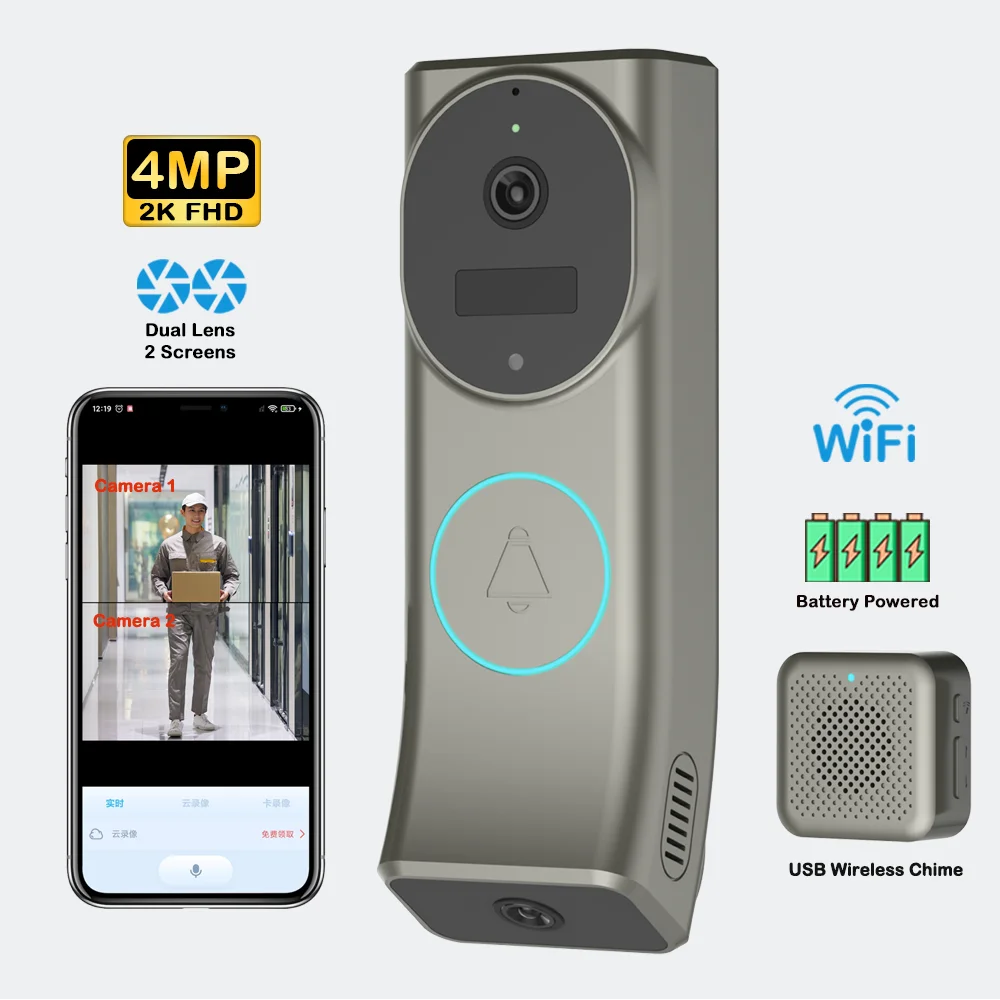 Wholesale 4MP 2K Waterproof Outdoor Doorbell Wireless WiFi Smart Ring Door Bell Camera Dual Lens WiFi Video Doorbell Camera