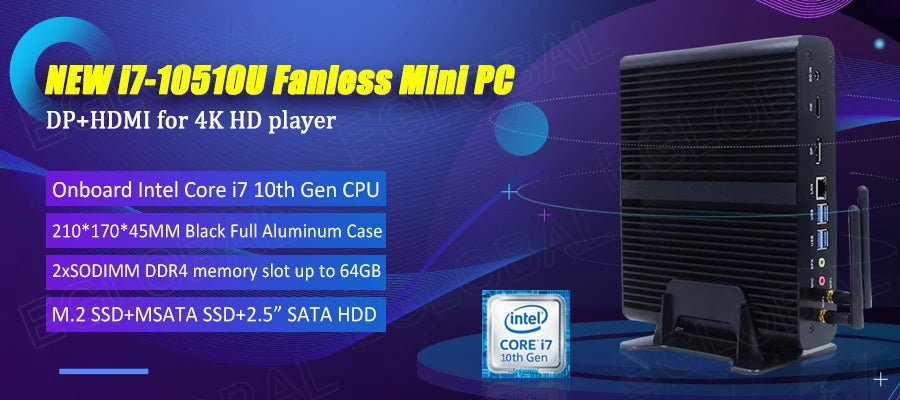 Eglobal Fanless Mini PC  Intel  i7-10510U 1065G7  2*DDR4 Msata+M.2 PCIE  Gamer Windows 10 Laptop Computer Components VGA DP HDMI