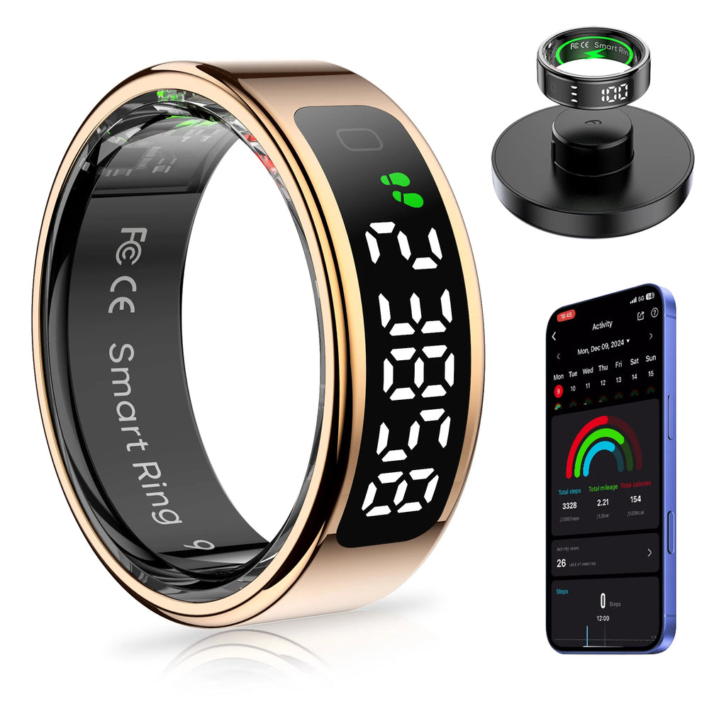 AMOVAN Smart Ring with LED Display Screen Health Tracker and Touch Button, Bluetooth Connection Health Monitor