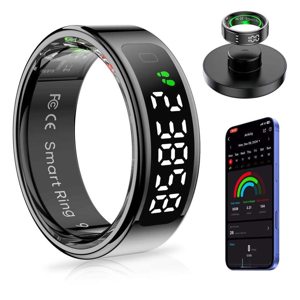 AMOVAN Smart Ring with LED Display Screen Health Tracker and Touch Button, Bluetooth Connection Health Monitor