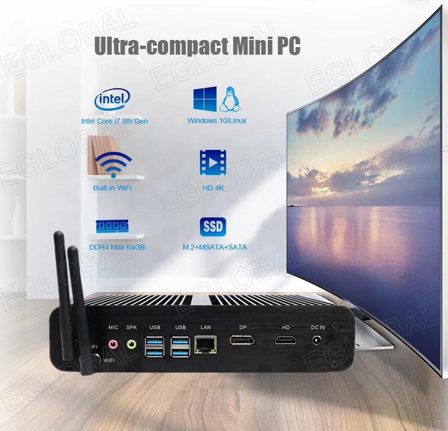 Eglobal Fanless Mini PC  Intel  i7-10510U 1065G7  2*DDR4 Msata+M.2 PCIE  Gamer Windows 10 Laptop Computer Components VGA DP HDMI