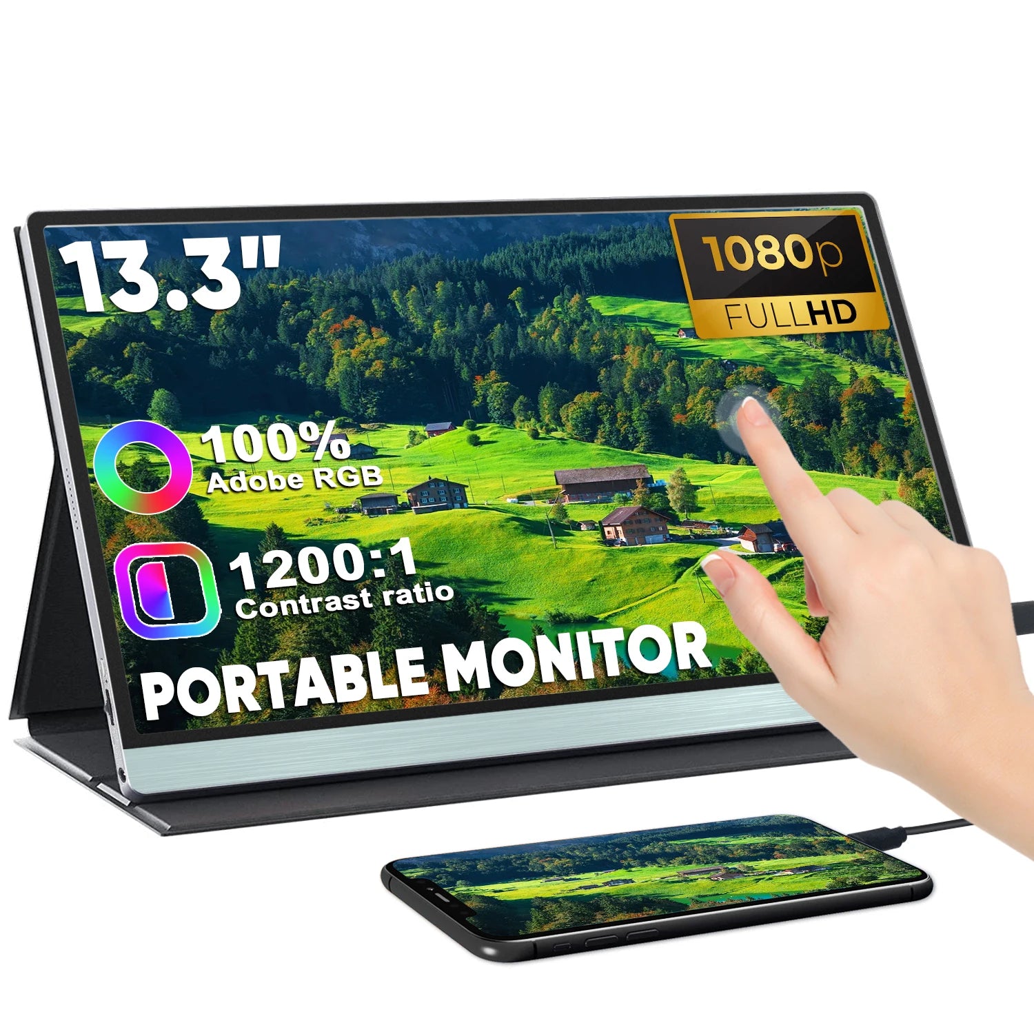 SIBOLAN 13-Inch Portable USB Type-C Monitor 1080P IPS Gaming Display with Touch Screen for Travel and Laptop Use