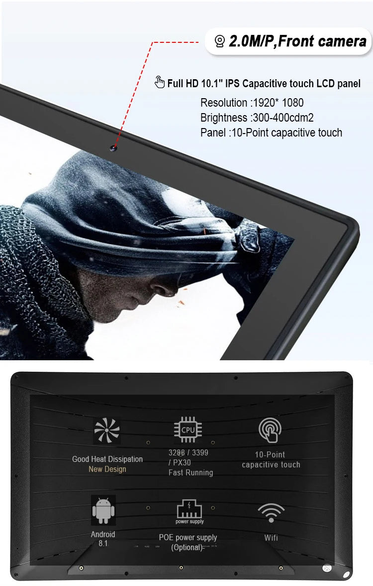 10.1inch Android Industrial All-in-One PC with RJ45 POE and Ethernet Touch Panel 2GB Memory Capacity Wall-Mounted