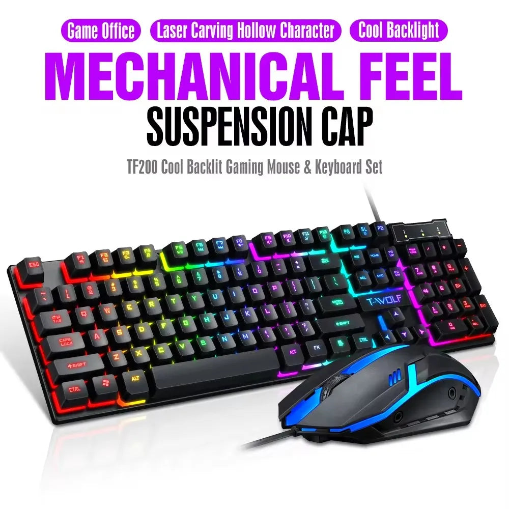 TF200 Slim Gaming Keyboard Mouse Combo Wired RGB Backlit English Spanish Russian for Gamer PC Laptop USB