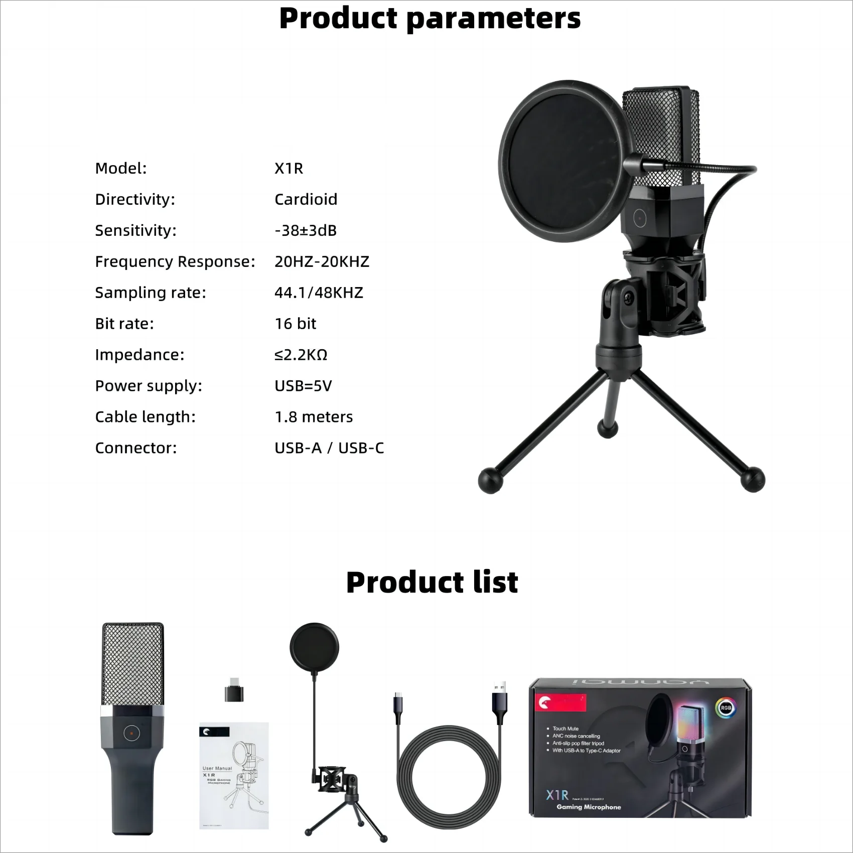 Demao X1R High Quality Recording Studio Equipment Usb Podcast Microphones for Live Streaming youtube Gaming