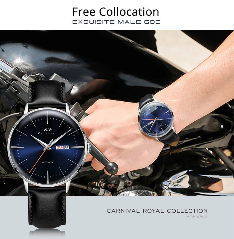 Fashion Men's Watches MIYOTA 8215 Watch Luxury brand CARNIVAL Automatic Mechanical Wristwatch Sapphire Double Calendar Men Watch