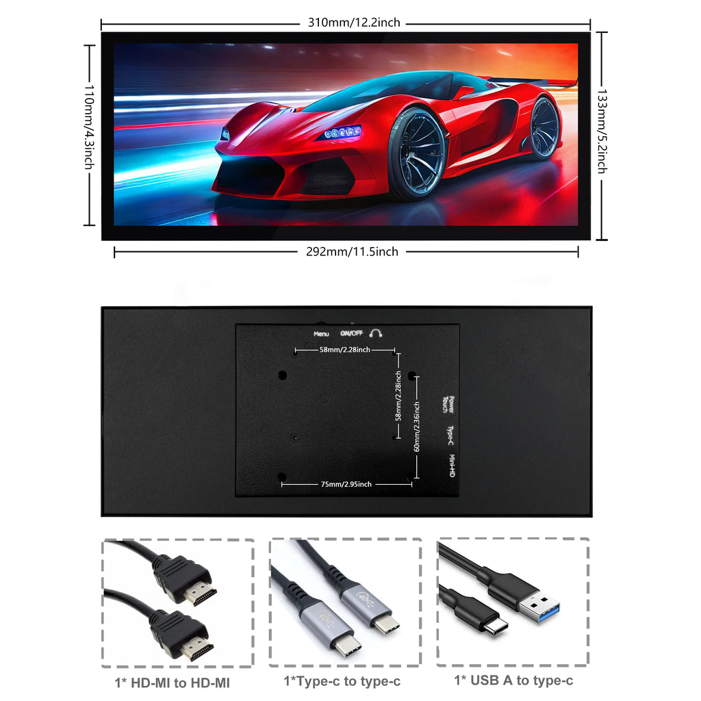 Wisecoco 12.3/11.3'' 1920x720 Touch Portable Monitor Stretched Bar Screen Gaming Monitor Not support AMD integrated graphics