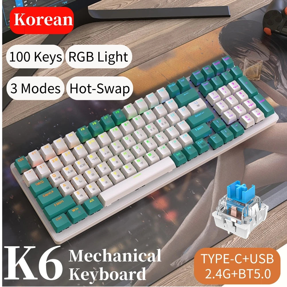 Korean K96 Mechanical Gaming Keyboard Wireless Wired Keyboard Bluetooth-compatible Gamer Keypad 100 Keys K6 Personalized Keycap