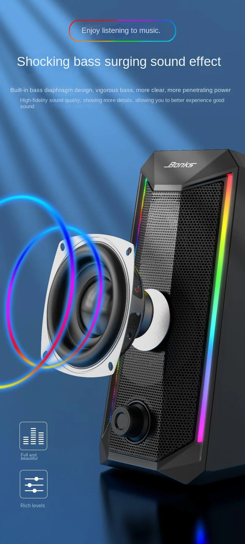 Desktop Speakers, 2.0 Channel PC Computer HiFi Stereo Gaming Speaker with Colorful LED Light Modes, Enhanced Bass and Easy-Acces