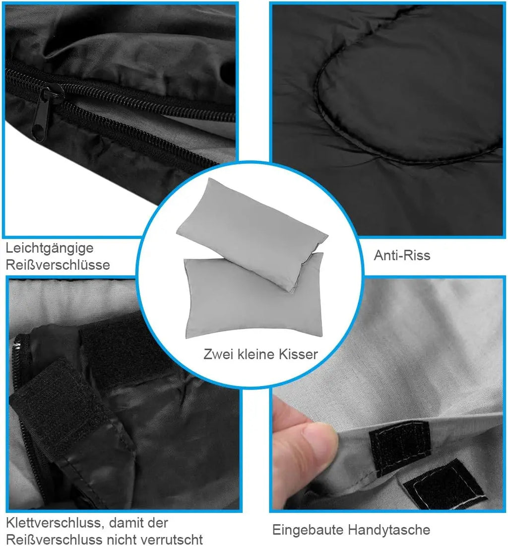 2 in 1 double sleeping bag, single sleeping bag XL, ceiling sleeping bag 2 persons/With 2 pillows/220x150cm/for camping, hiking