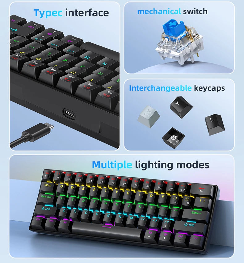 K61 Wired Mechanical Keyboard,61-key Design,1000Hz Return Rate,USB2.0 Full-speed Connection to Devices