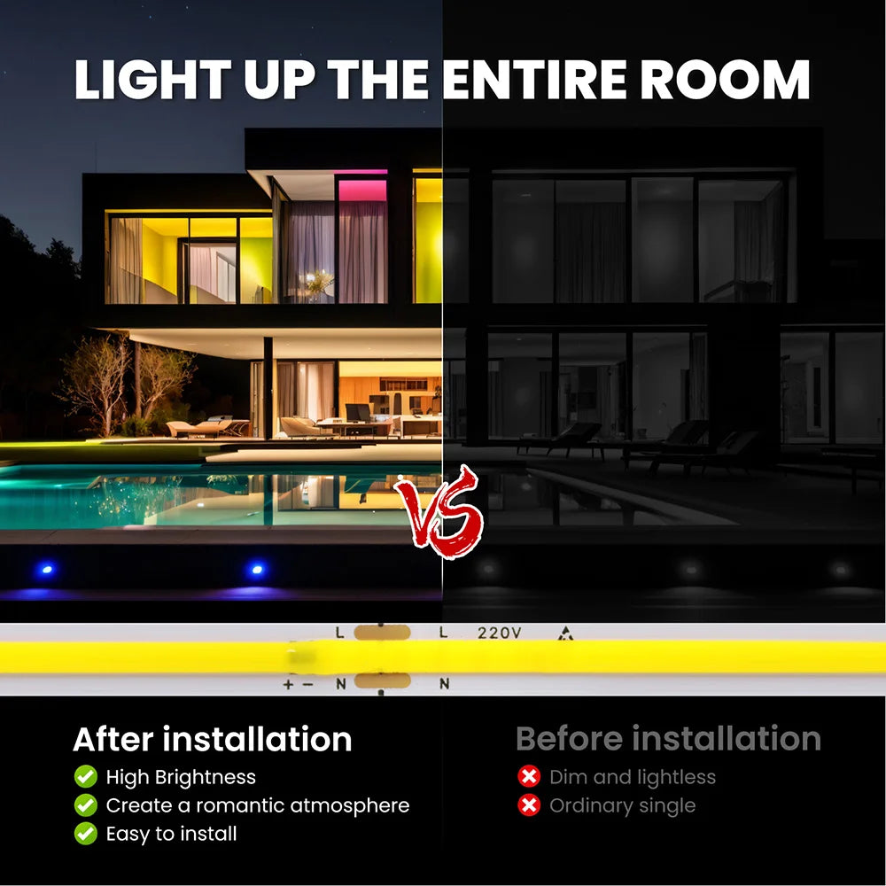 Led Strip COB 220V High Brightness 5m 10m 20m 50m Flexible Light Tape with IC Rectifier 230V 240V AC 240LED/m Linear Lighting