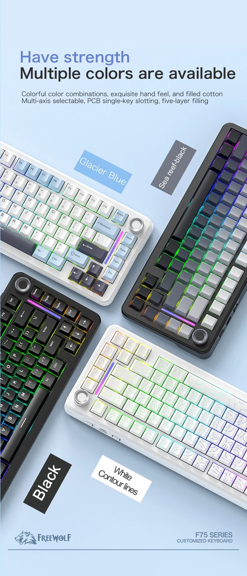 F75 Gaming Mechanical Keyboard, 2.4G Wireless/Bluetooth/Wired ,RGB Customized, Gasket Structure,Windows/Macos/Linux