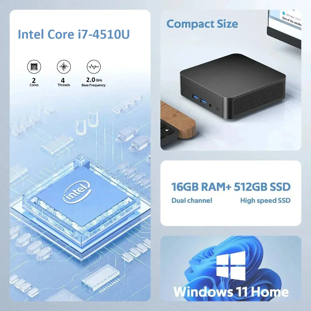 2026 Brand New Portable Mini PC Computer Intel Core i7-4510U 16GB RAM 512GB USB 3.0 SSD WiFi6 BT5.2 Mini PC Desktop Computer