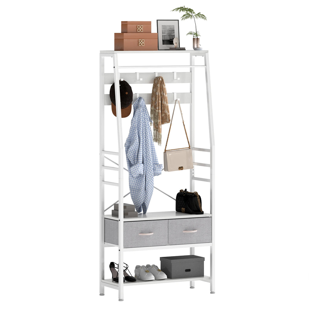 YITAHOME White Industrial Coat Rack - Hall Tree with Bench, 8 Hooks and 2 Foldable Drawers for Entryway Living Room