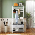 YITAHOME White Industrial Coat Rack - Hall Tree with Bench, 8 Hooks and 2 Foldable Drawers for Entryway Living Room