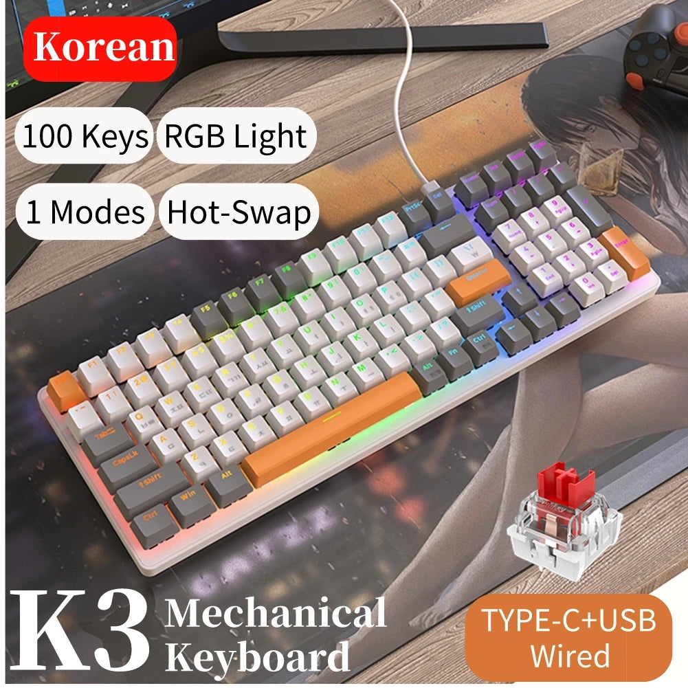 Korean K96 Mechanical Gaming Keyboard Wireless Wired Keyboard Bluetooth-compatible Gamer Keypad 100 Keys K6 Personalized Keycap