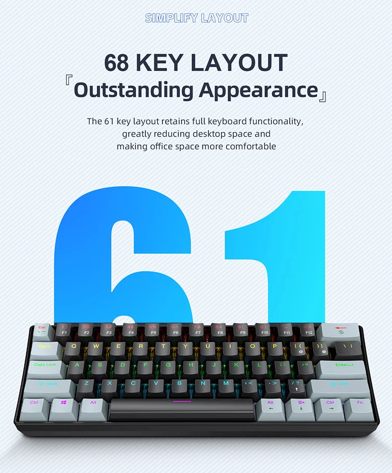 K61 Wired Mechanical Keyboard,61-key Design,1000Hz Return Rate,USB2.0 Full-speed Connection to Devices