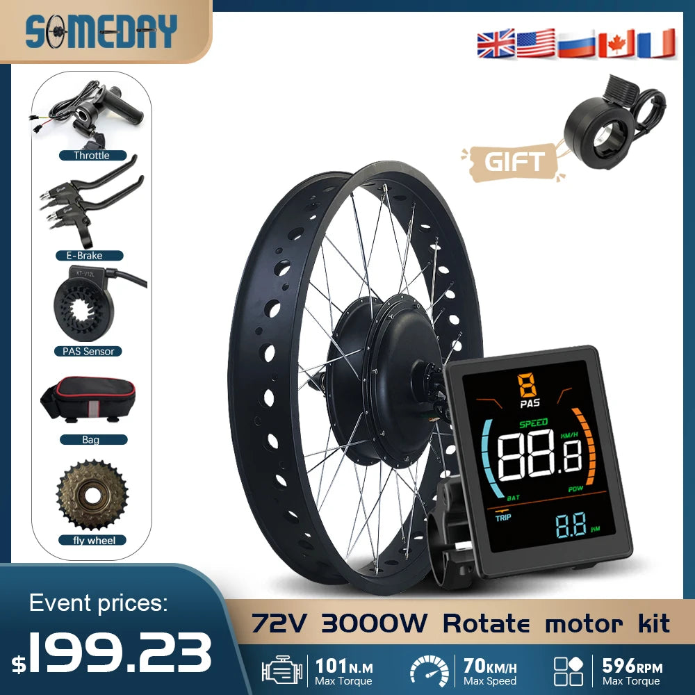 Ebike Fat Tire Conversion Kit 72V 3000W Rear Rotate Hub Motor Wheel 20/24/26 inch Dropout 170mm for Snow Electric Bicycle