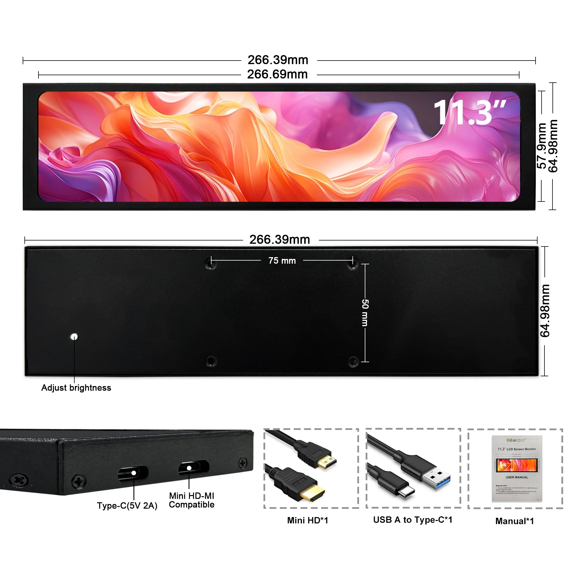 Wisecoco 12.3/11.3'' 1920x720 Touch Portable Monitor Stretched Bar Screen Gaming Monitor Not support AMD integrated graphics