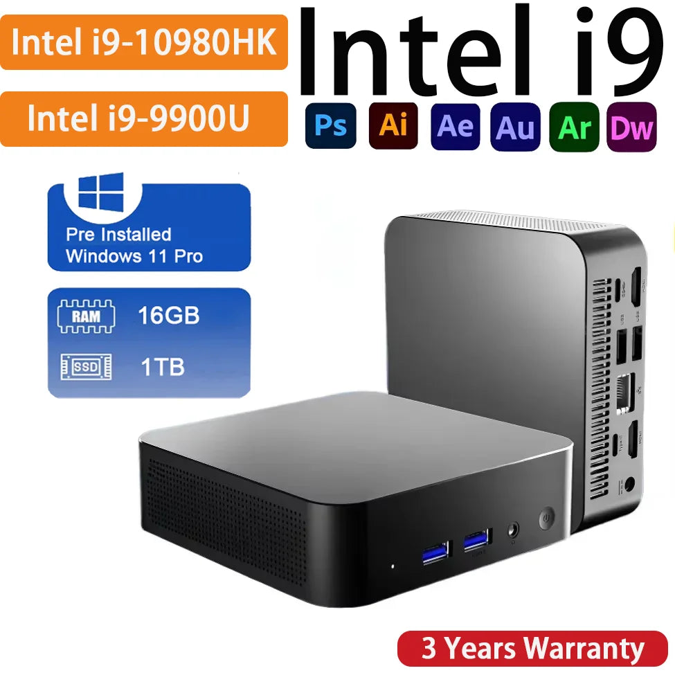 Portable Gamer Desktop Mini PC Intel Core i9 9900U 16G RAM 1TB SSD Windows 11 Wifi6 Mini Computer Business Office Desktop PC
