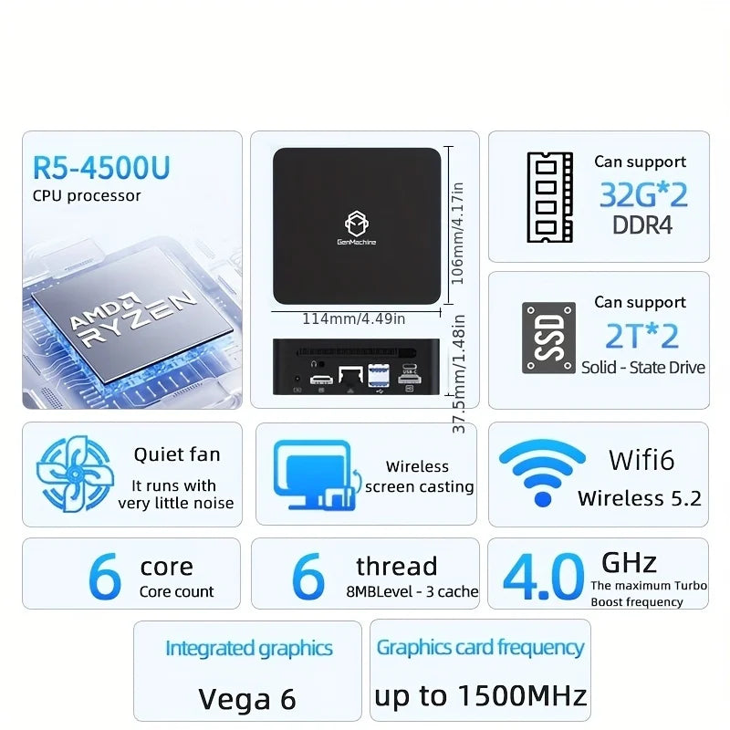 GenMachine Mini PC Windows 11 Ryzen 4300U 4500U 4600H 4800H 5300U 5500U 5600H 5600U CPU DDR4 3200mhz WiFi6 gaming pc Computer