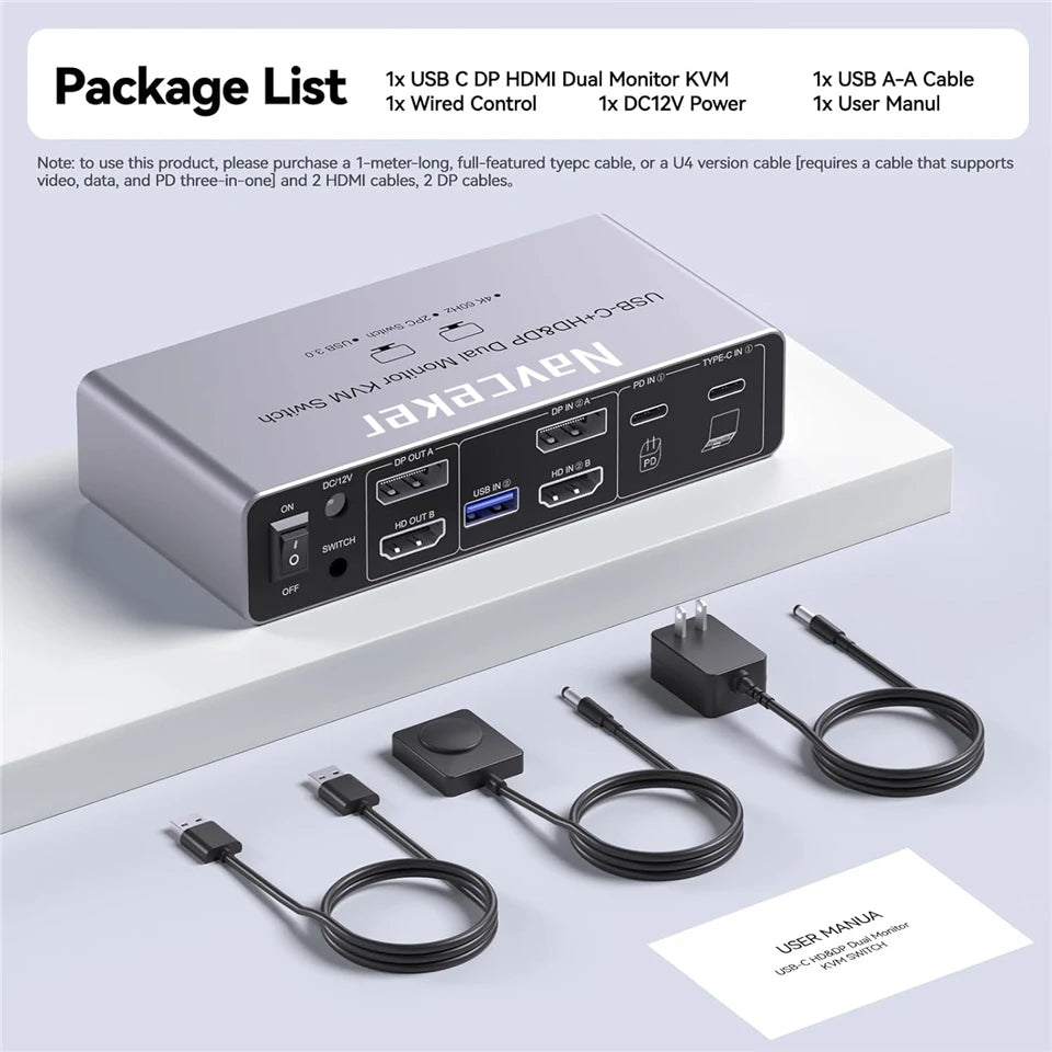 USB C HDMI DP KVM Switch 2 Monitors 4K@60Hz Dual Screens Type C KVM Switches 100W PD for 1 PC 1 Laptop Share Mouse Keyboard