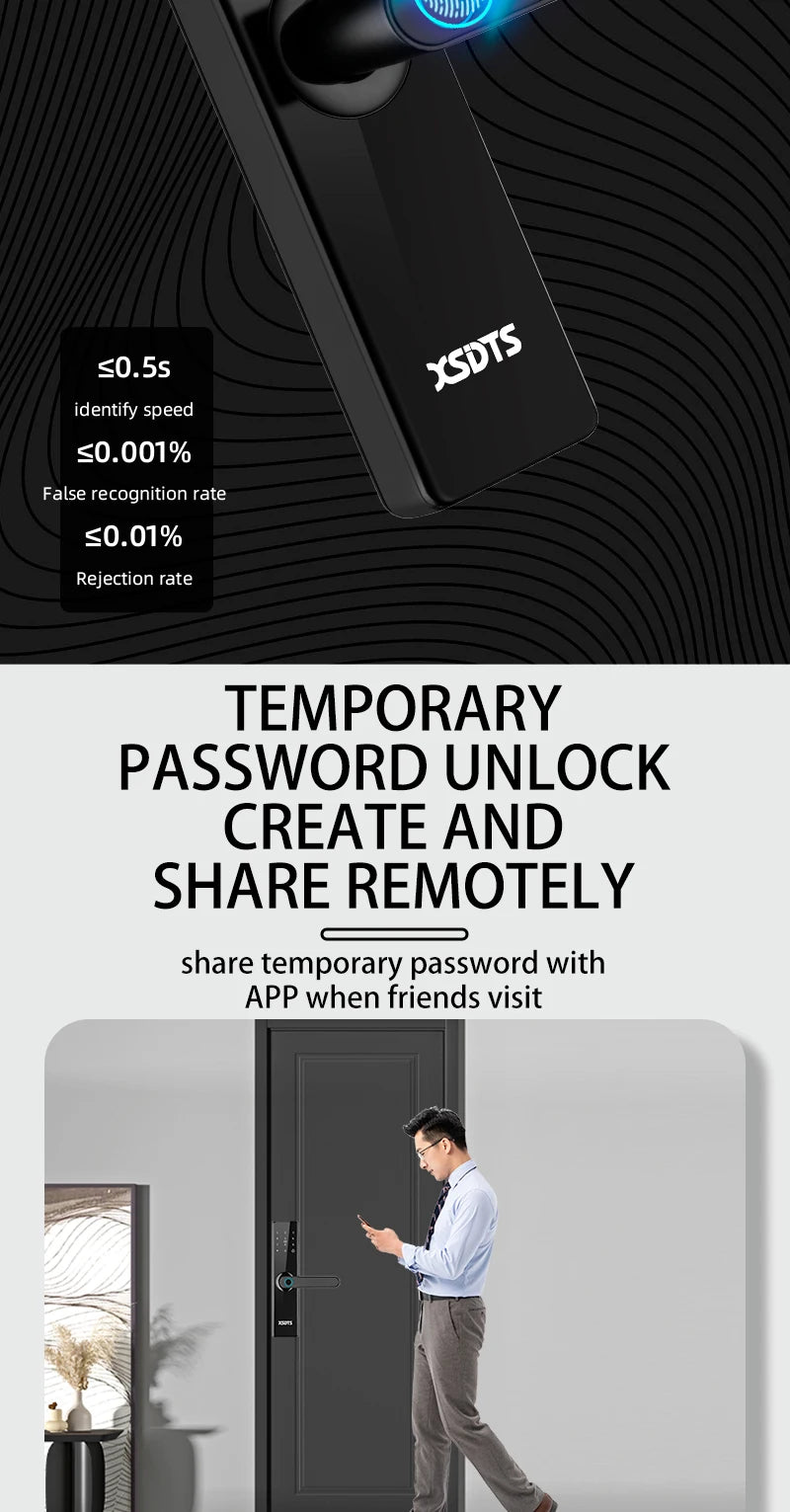 Electronic Smart Door Lock With Biometric Fingerprint Smart Card Password Key Unlock USB Tuya APP Emergency Charge lock For home