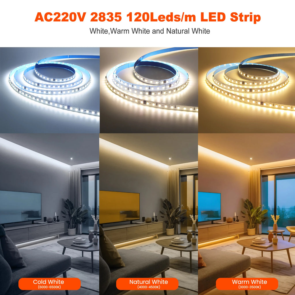 10m 20m 50m 220V 2835 LED Strip Light No Need Driver High Bright 120LEDs/M Flexible Tape Lights IP44 Waterproof Home Lighting