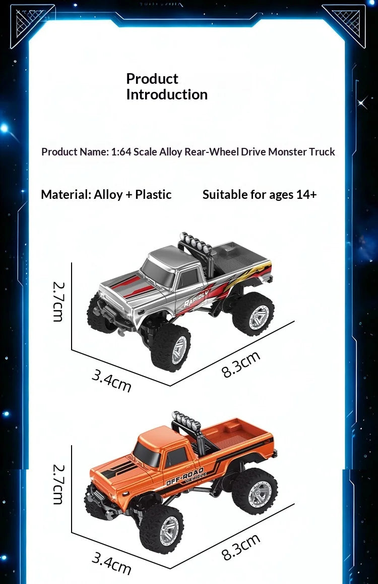 1：64 Mini Remote Control Off Road Truck Alloy Shell Rechargeable With Led Lights Anti Collision Night Play Electric Toy For Kids
