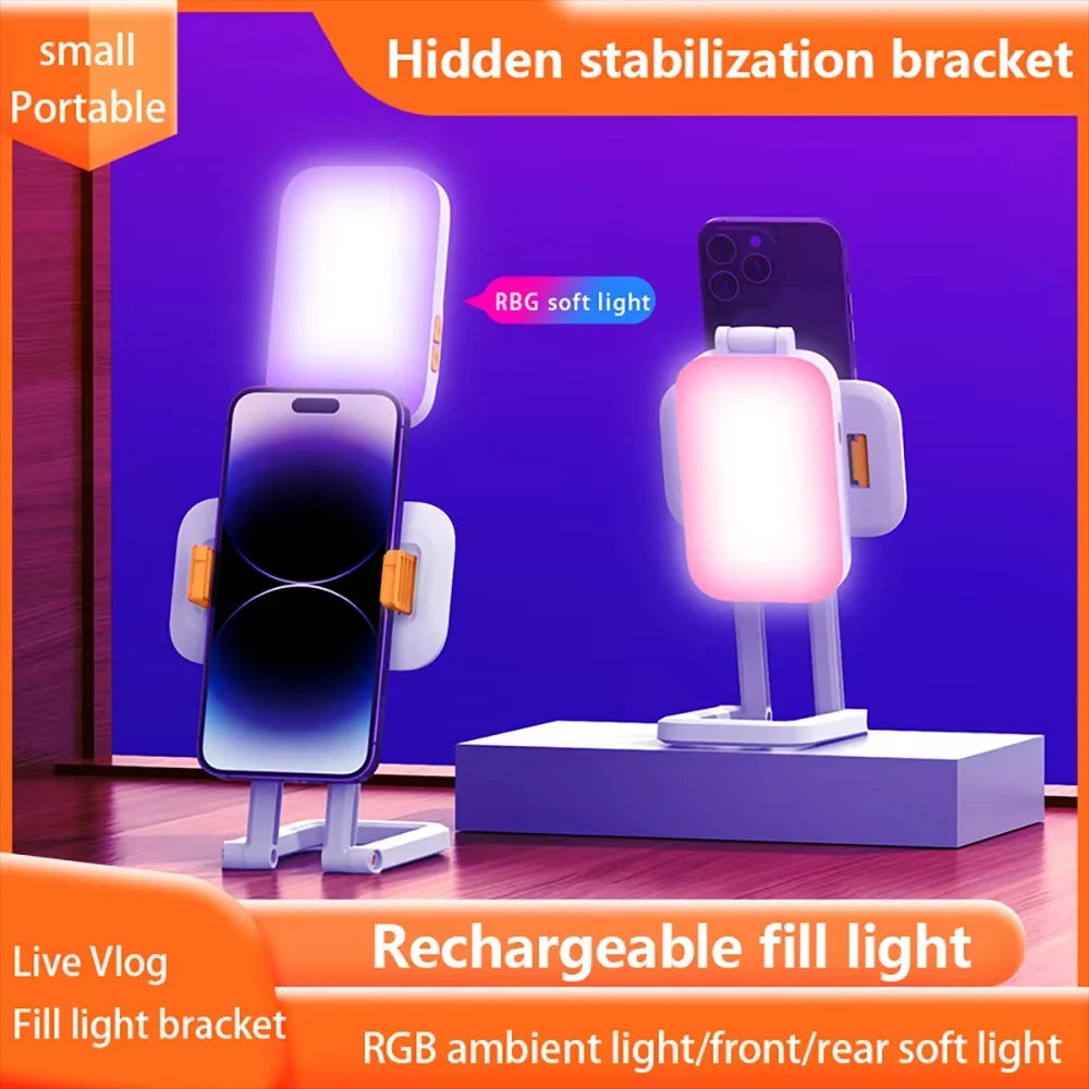 Portable Fill Light Desktop Integrated Folding Phone Stand Live Three Color Outdoor LED Light USB Rechargeable Photo Lamp