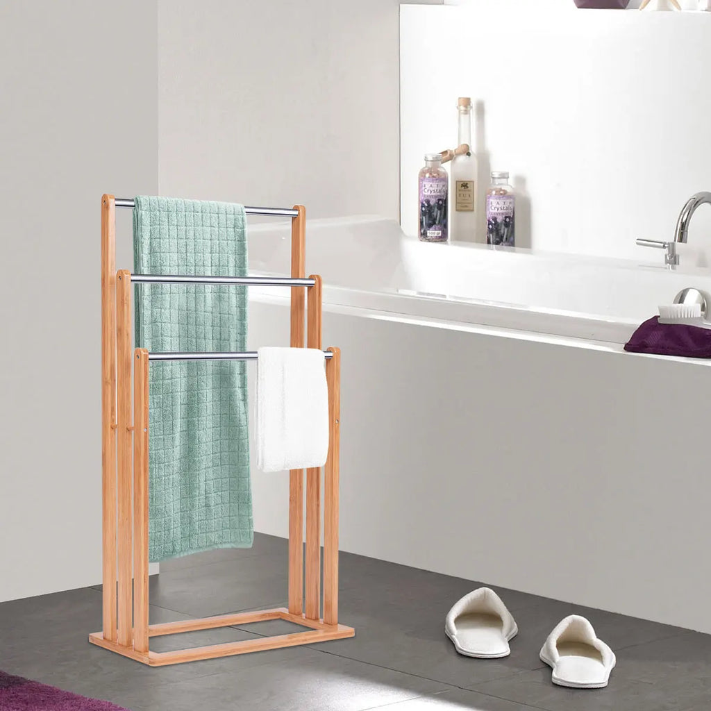 Towel Holder standing 3 stainless steel pole towel stand bamboo stand towel holder bathroom organizer
