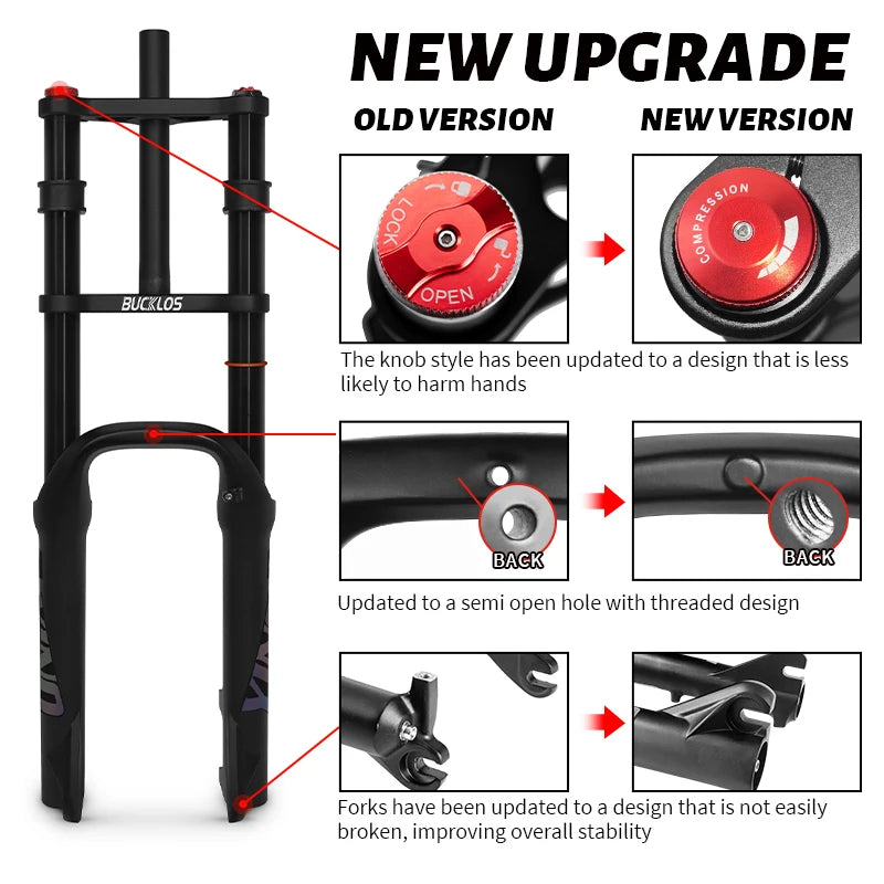 BUCKLOS Snow Fat Bike Fork 20*4.0 Inch / 26*4.0 Inch Air Suspension Fork Travel 180mm Double Shoulder E-Bike Fork Bicycle Parts