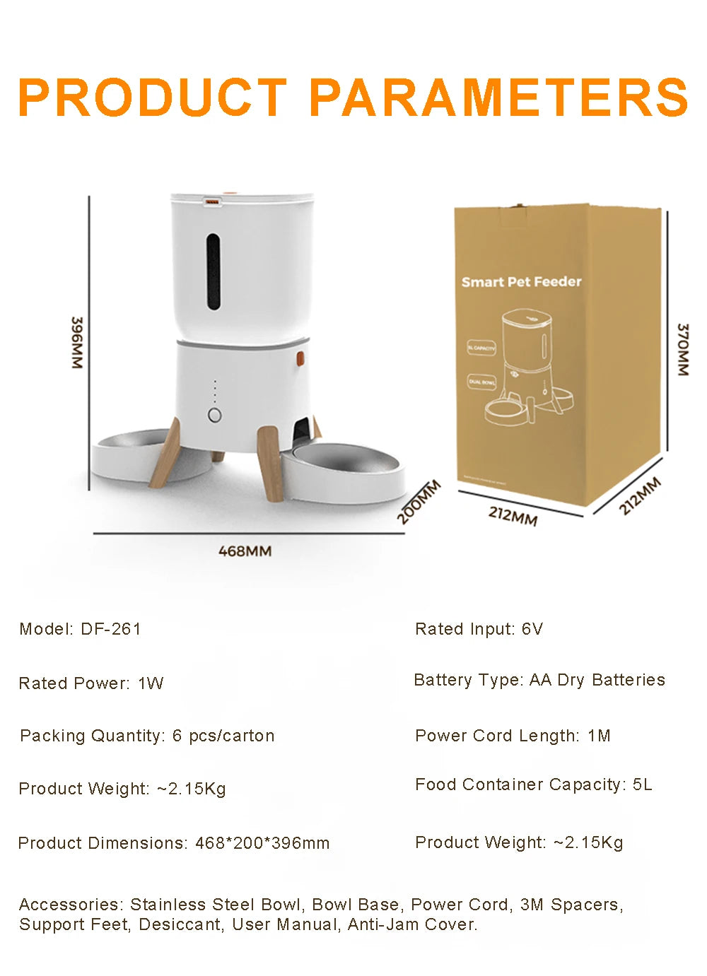 5L Pet Intelligent Feeder WiFi Automatic Cat Feeders for 2 Cats Cat Food Dispenser with APP Control Double Stainless Steel Bowls