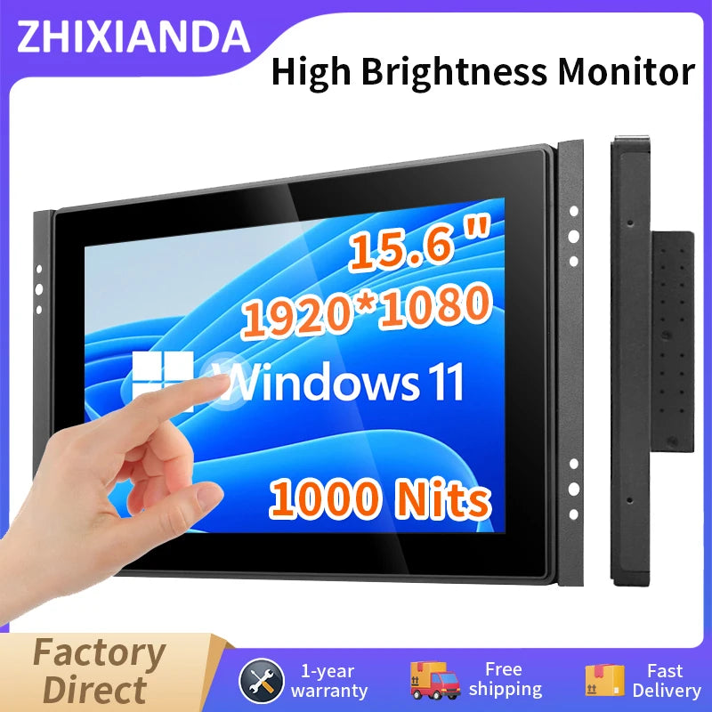 15.6 Inch 1000 Nits Flat True Capacitive Touch Screen Monitor 1920*1080 Open Frame Industrial Waterproof Display With VGA HDMI