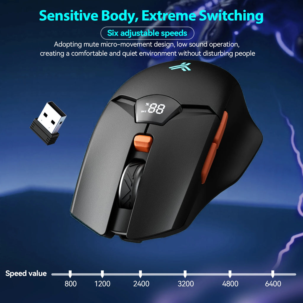 Wireless Mouse 2.4G & Bluetooth, 6-Level DPI (800 to 6400), 600mAh Battery, Ergonomic Design for PC/Laptop, Black & Grey White