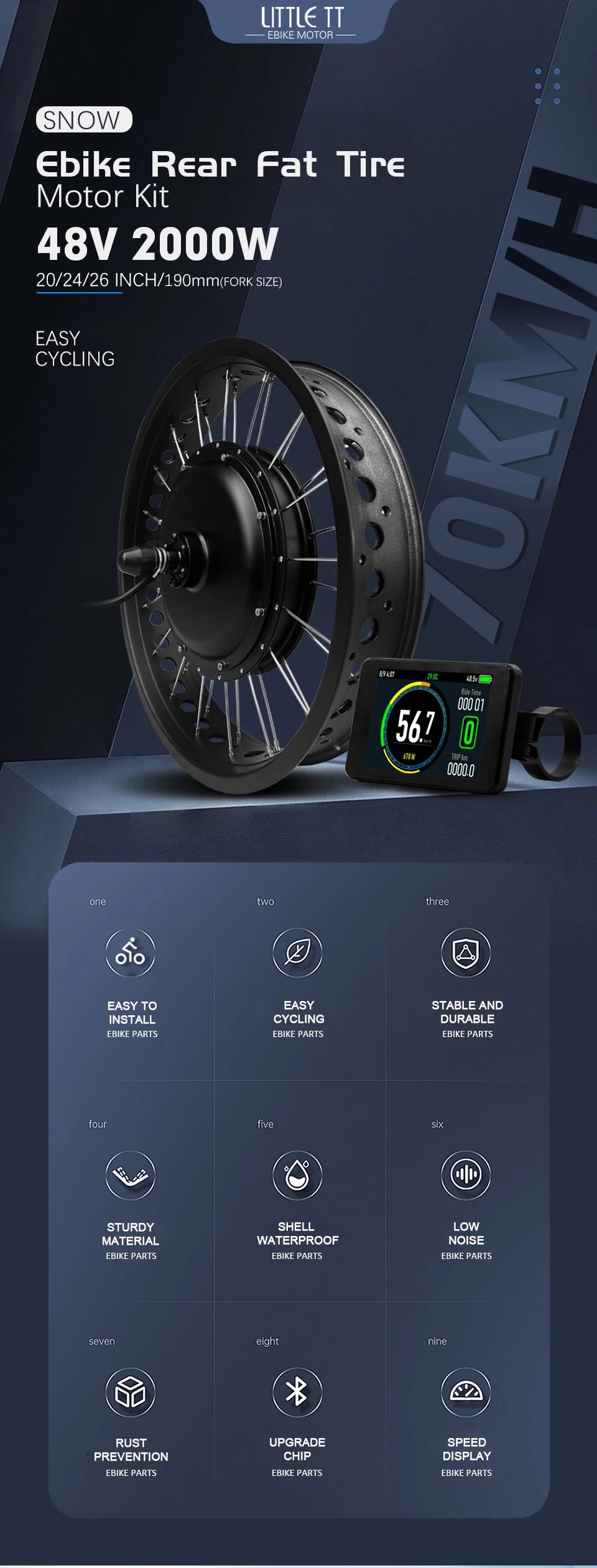 48V 2000W Electric Fat Bike Kit 20 24 26inch 4.0Tyre Brushless Non-gear Rear Hub Motor Wheel  Dropout 190mm For Snow eBike kit