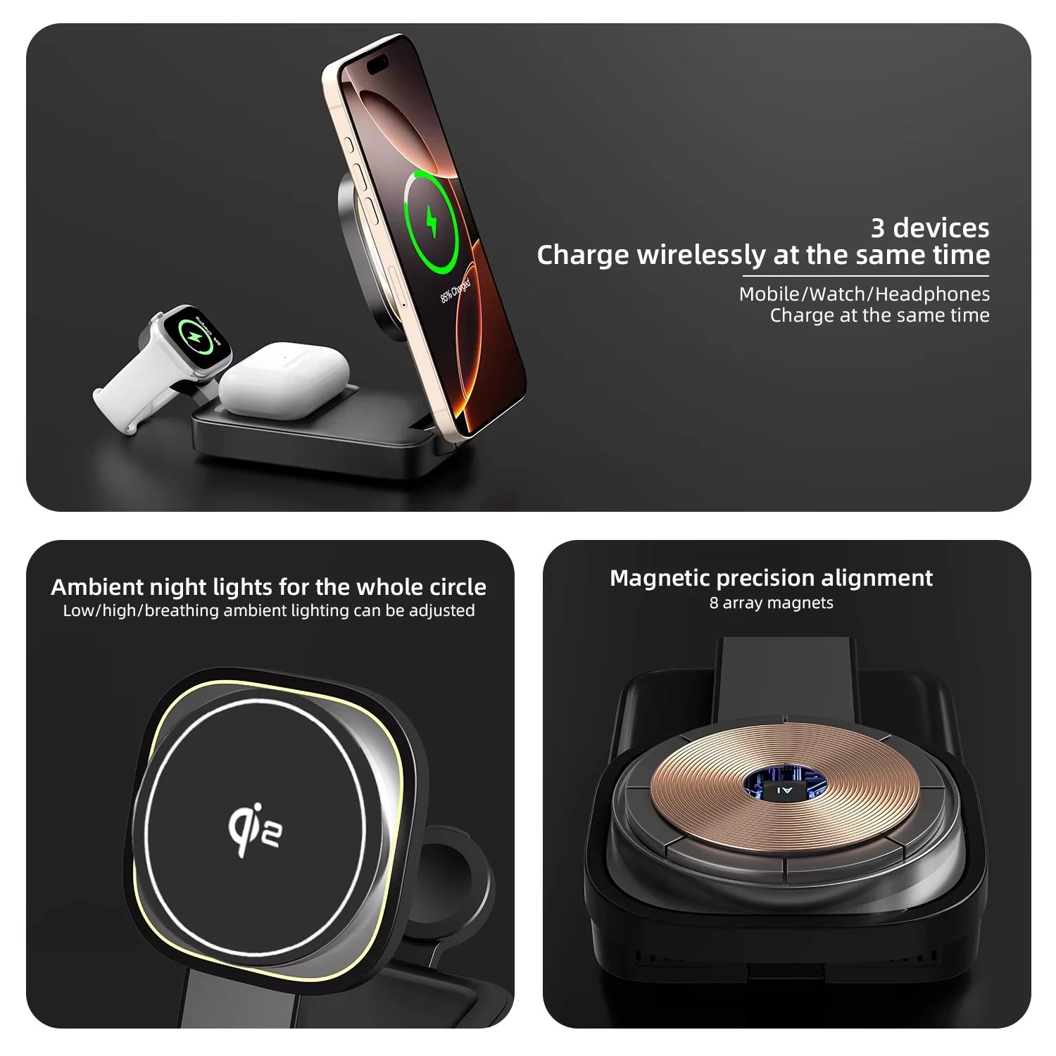 3in1 Magnetic Wireless Charger QI2 Magsafe Folding Wireless Charging Station for iphone 16 pro iWatch AirPods Wireless Charger
