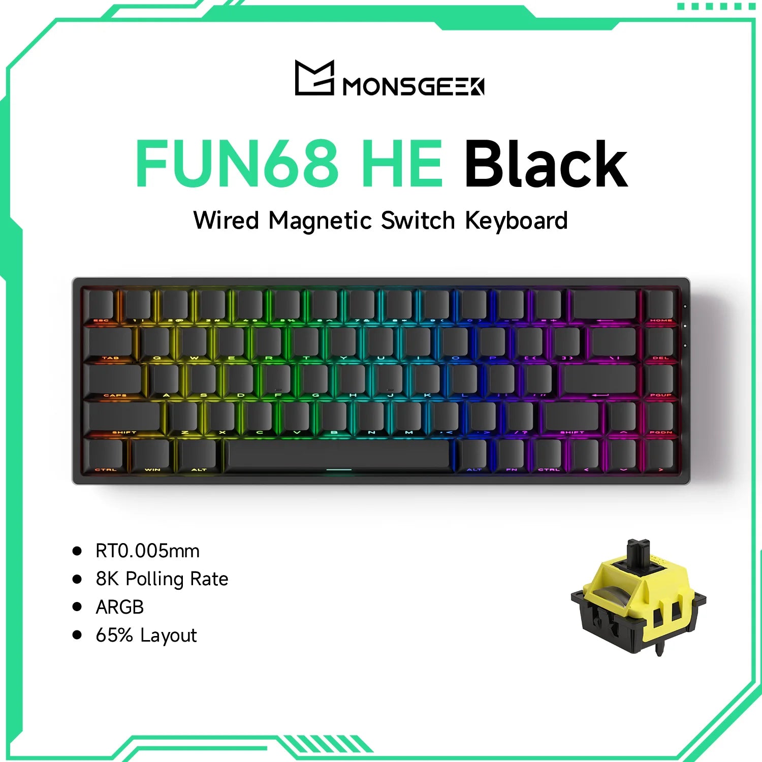 MonsGeek FUN68 HE Mechanical Keyboard 65% ANSI Magnetic Switch Rapid Trigger 0.005mm 8K ARGB USB/Wireless Gaming Custom Keyboard