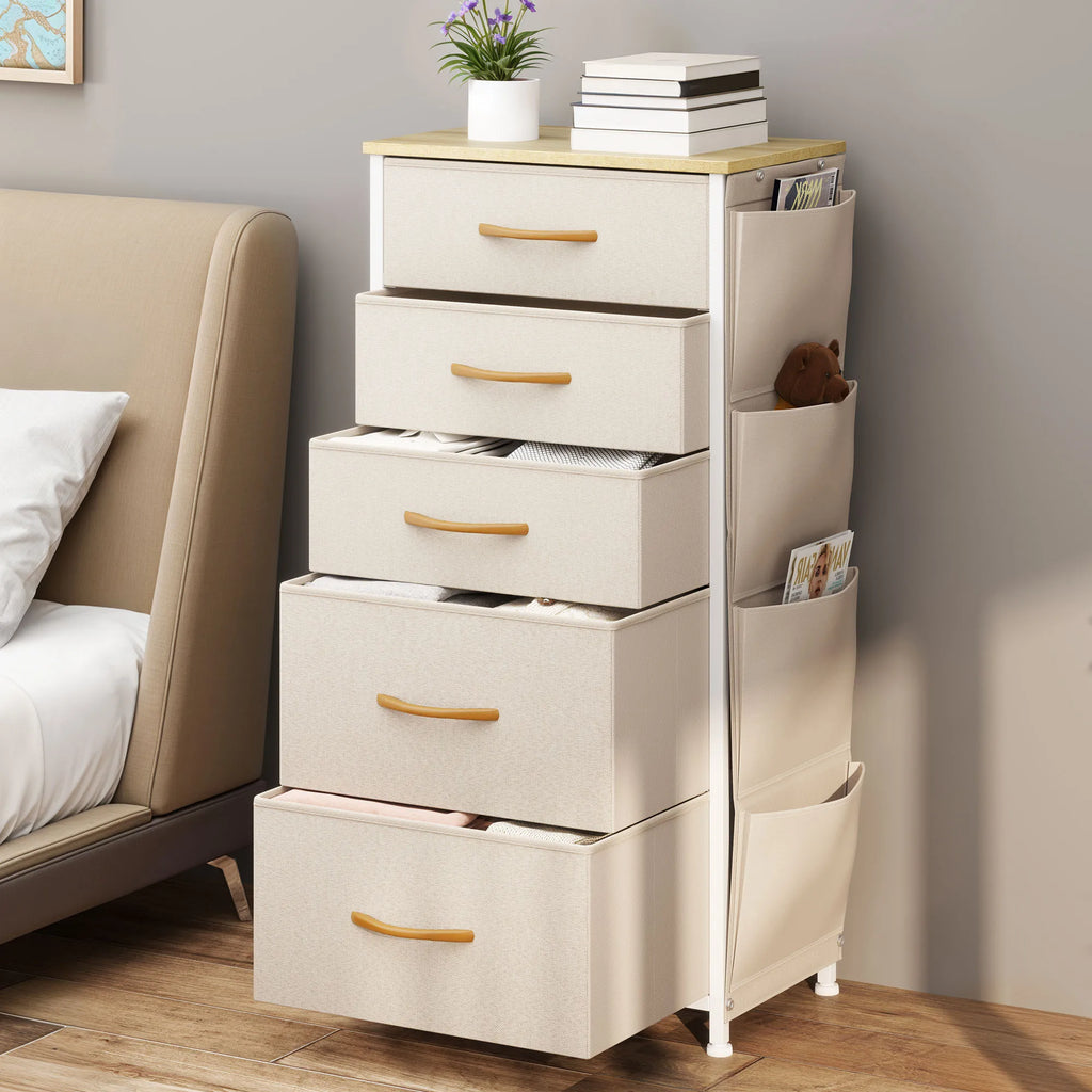 YITAHOME 5-Drawer Fabric Dresser w/Side Pockets & Hooks - Metal Frame & Wood Top for Bedroom, Nursery, Hallway (Beige)