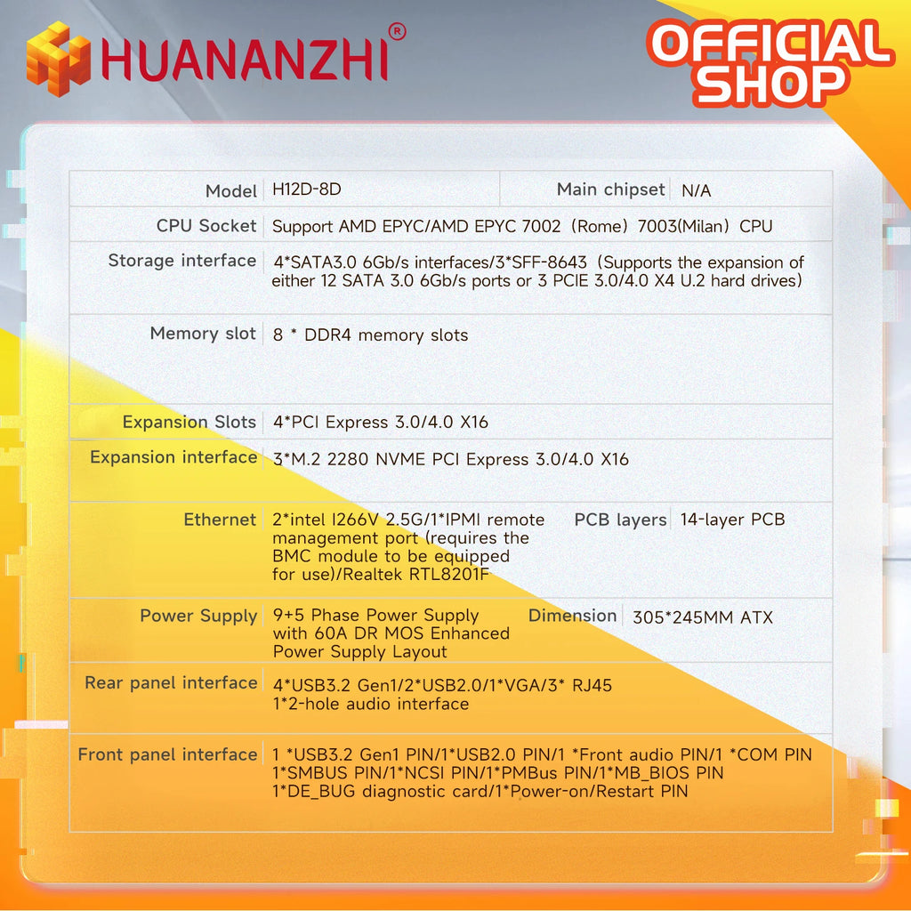 HUANANZHI H12D 8D AMD  Motherboard with BMC module support AMD EPYC 7002 7003 series CPU 8 channel memory Dual 2.5G network
