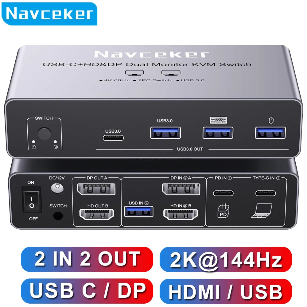 USB C HDMI DP KVM Switch 2 Monitors 4K@60Hz Dual Screens Type C KVM Switches 100W PD for 1 PC 1 Laptop Share Mouse Keyboard