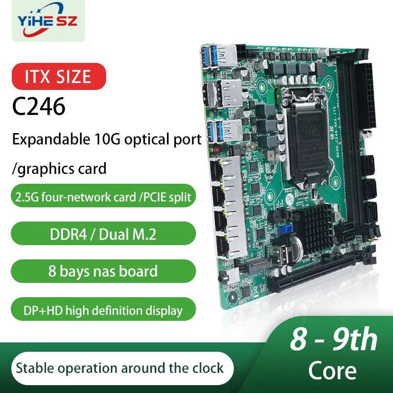 C246 ITX NAS Motherboard 8 SATA 3.0 4*I226 2.5G 2*M.2 NVME 2*DDR4 PCIE 16X NAS Board LGA1151 Support 8th/9th Core CPU i3-9100