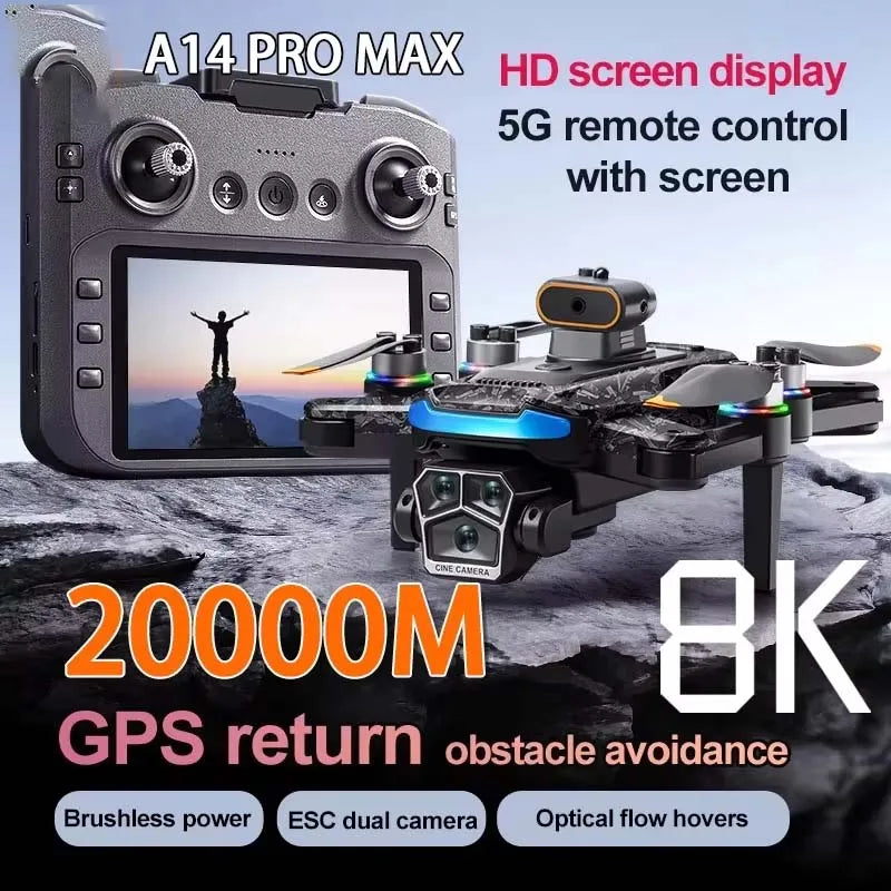New A14ProMax 8K Drone 4.3Inch Screen Control GPS Brushless Motor Dual Camera Optical Flow Obstacle Avoidance Foldable RC UAV