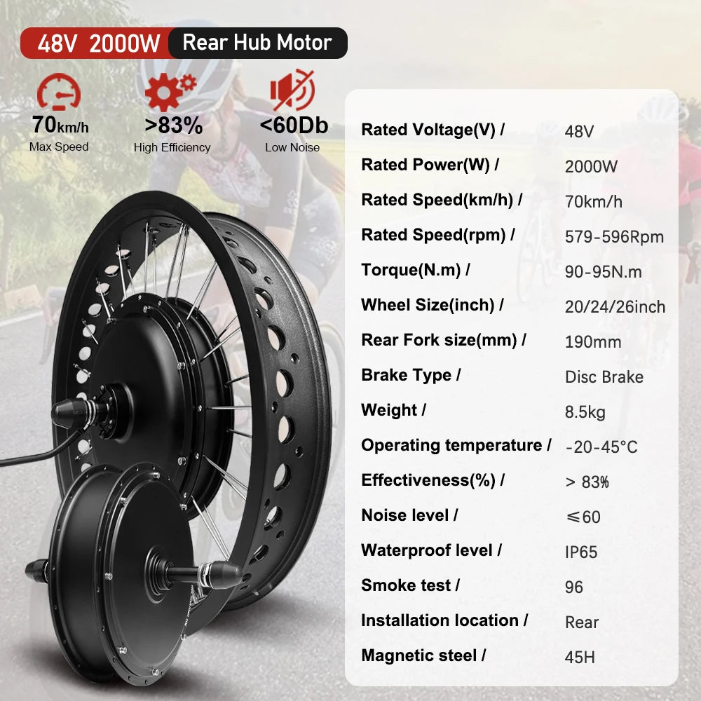 48V 2000W Electric Fat Bike Kit 20 24 26inch 4.0Tyre Brushless Non-gear Rear Hub Motor Wheel  Dropout 190mm For Snow eBike kit