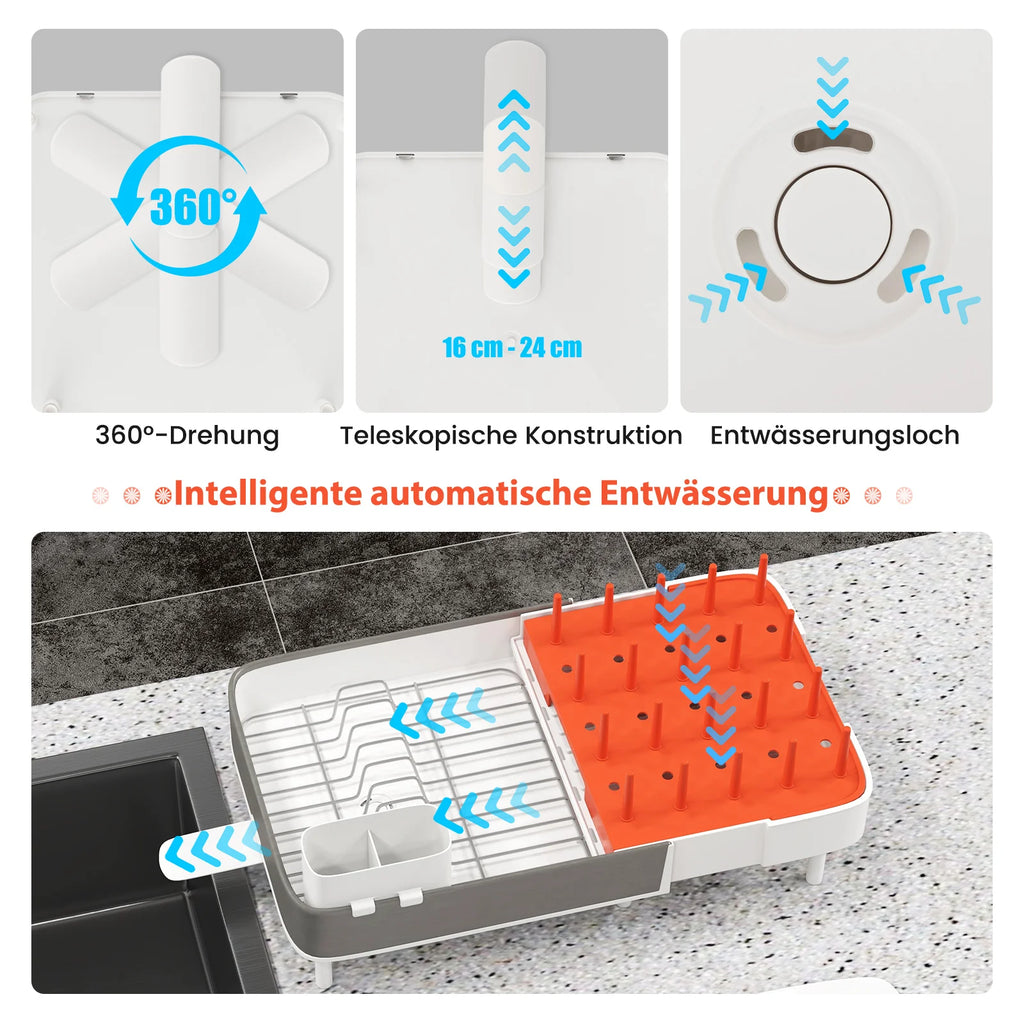 Adjustable Drainer Rack, Expandable Dish Rack with Removable Cutlery Holder & Cup Holder, 360 ° Rotating Outlet