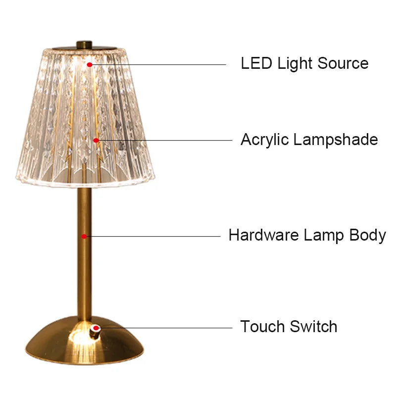 Nordic Crystal Rechargeable Table Lamp LED Bar Lamp Touch Dimmable Golden Desk Lamp Living Room Bedroom Hotel Lamp Bedside Lamp
